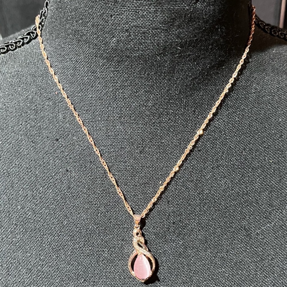 Rose Gold Tone Teardrop Cat Eye Stone Necklace with CZ Accents